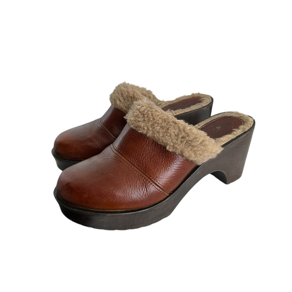 Vintage Y2K No Boundaries Shearling Trim Leather Wooden Mules/Clogs